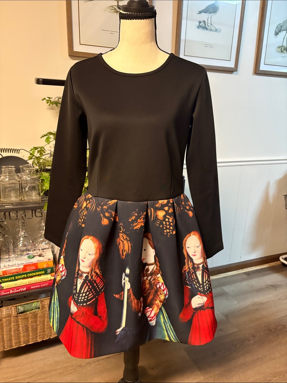 Women's Black Long Sleeve Dress with Printed Skirt